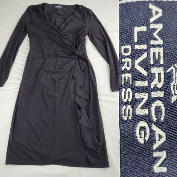 10 AMERICAN LIVING BLACK FAUX WRAP STRETCH MIDI SEXY PLUNGE DRESS Large - Picture 1 of 12